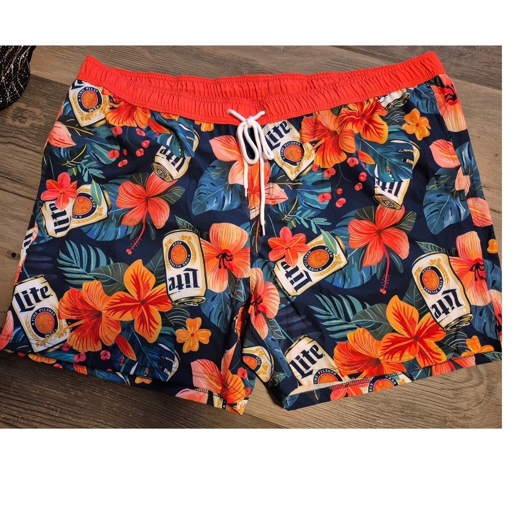 Miller Lite Floral Swim Trunks Mens 3XL Beer Print Hawaiian Shorts